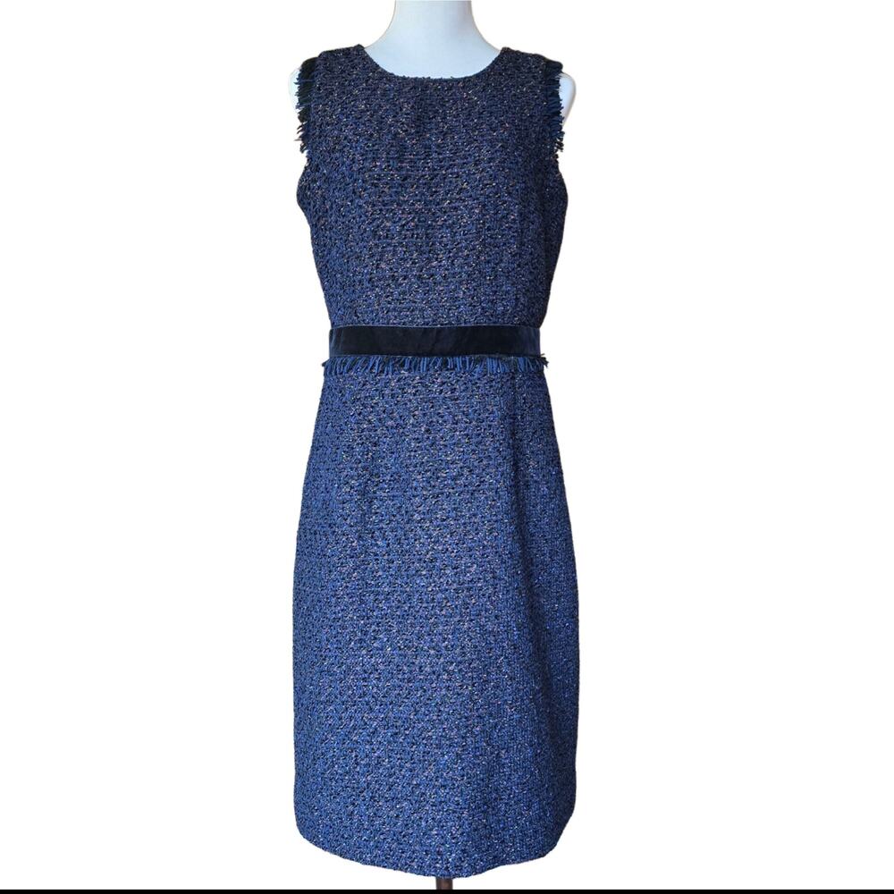 J. CREW 6 Tall Blue Tweed Dress Boucle Metallic Shimmer Sleeveless Fringe 6T